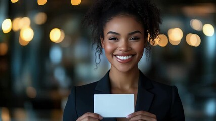 Black woman in business suit holding an empty card with both hands in front of blurred bokeh lights background, professional modern office stock photo