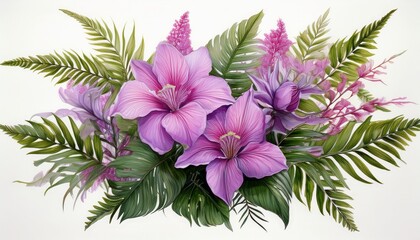 Obraz premium cluster of layered purple and pink tropical flowers with green fern leaves on a white background in digital botanical artwork generative ai