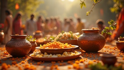 Hindu Harvest Festival Pongal celebration scene decorated pots, traditional sweets, families gathering celebrate harvest, exhibiting joy and gratitudephoto
