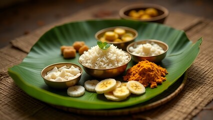 Pongal theme  A festive courtyard in South India, decorated for the Pongal harvest festival. 