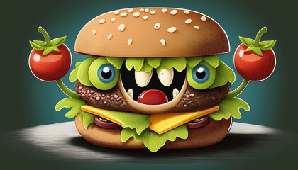 whole wheat bun cheese olive lettuce tomato beef patty creative fun monster snack creative monster burger with whole wheat bun cheese teeth olive