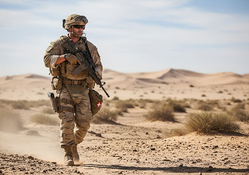 A soldier in military uniform on patrol in a desert environment, tactical gear, realistic scene. - Powered by Adobe