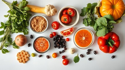 A thoughtful arrangement of fresh and nutritious food items from above, on a clean surface.