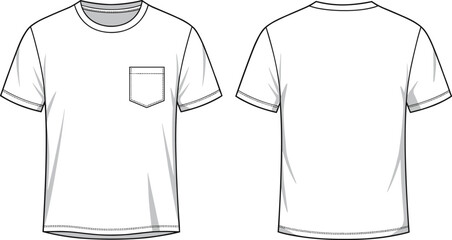 Basic short sleeve T-shirt, front and back view, chest pocket, fashion sketch, apparel design, garment template, technical drawing, vector illustration