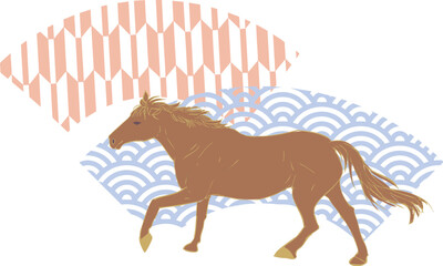 タイトル	走る馬のシルエットと扇・年賀状用素材