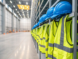 Close-up, eye-level shot of rows of neon yellow reflective safety vests and blue hardhats neatly stacked or hung on a modern grey metal shelving unit.