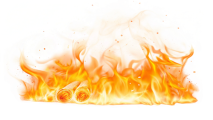 "Campfire burning logs with glowing embers and smoke trail, isolated on transparent background, warm realistic flame effect PNG."