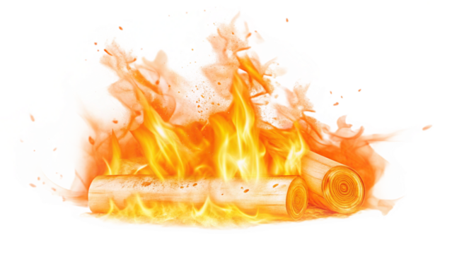"Campfire burning logs with glowing embers and smoke trail, isolated on transparent background, warm realistic flame effect PNG."
