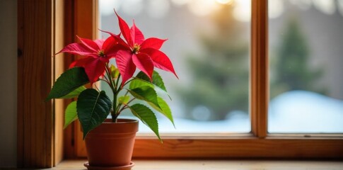 Poinsettia on Snowy Window Sill A festive red poinsettia plant in a simple terracotta pot, placed on a rustic wooden window sill. Outside the window, soft snow is gently falling, creating a blurred,