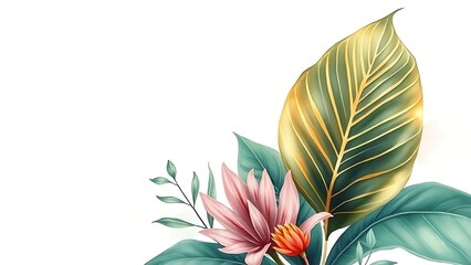Watercolor botanical illustration of tropical plants with gold leaf accents on soft gradient background.