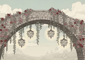 Illustration of a stone bridge with roses and chandeliers in a fantasy world