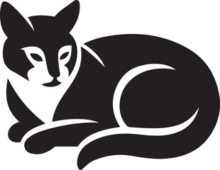 Black Cat Silhouette Resting on White Background feline, Relaxing cat silhouette minimalist vector