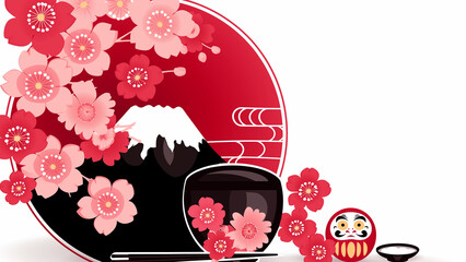 富士山と桜とだるま、日本の縁起物を集めたイラスト