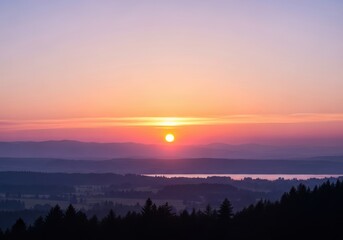 Illustration of beautiful sunrise over the mountains with colorful sky and trees