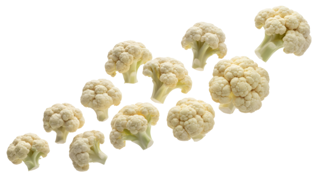Fresh cauliflower florets arranged diagonally on a transparent background, isolated on transparent background