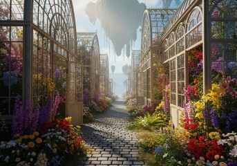 Illustration of fantasy garden with greenhouses, flowers, and floating island in the sky