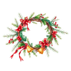 Watercolor Christmas wreath with fir branches, red poinsettia flower with holly leaves, berries and ribbon. Stylish handmade design for holiday cards, invitations, seasonal designs and branding. Festi