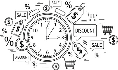 Obraz premium A timer surrounded by sale, discount, percentage, dollar sign, and shopping cart icons on white background