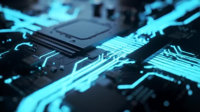 Closeup of a futuristic circuit board with glowing blue lines representing data flow and digital information processing within advanced computer hardware symbolizing modern technology and artificial . - Powered by Adobe