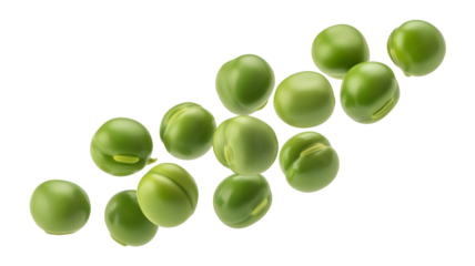 Fresh green peas arranged diagonally on a transparent background, isolated on transparent background