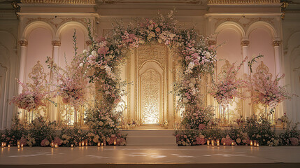 Grand wedding stage with backdrop of cascading floral arrangements and soft lighting creates romantic and elegant atmosphere for special celebration