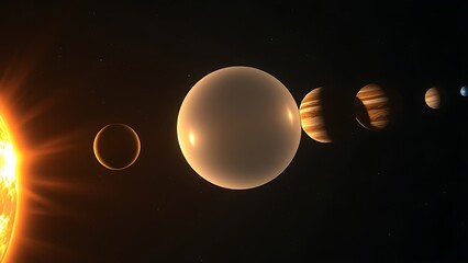 Obraz premium A wide-angle view of the solar system's planets in alignment, featuring a mysterious translucent sphere.