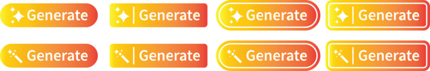 AI generate button icon set, magic wand and sparkle symbols collection, artificial intelligence interface elements group, modern flat and line vector design pack for app, web and ui ux graphics