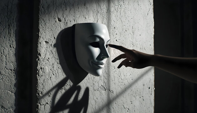 Dramatic Close-Up of a White Mask on a Textured Concrete Wall with a Hand Reaching Out to Touch It, Concept for Identity, Deception, Social Media Persona, Truth, or Psychological Thriller Background
