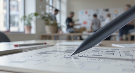 Black Stylus Pen Writing on Architectural Floor Plans in Bright Modern Office Space
