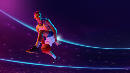 Creative digital artwork. Basketball athlete midair holding ball under vibrant neon lights. Concept of dynamic sports promotion, creative marketing visuals, and futuristic energy in performance.