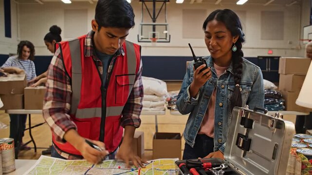 Community Volunteers Organizing Relief Supplies in Gymnasium for Disaster Response Efforts, Focusing on Coordination and Support for Those in Need