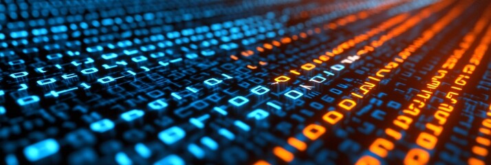 digital data stream with binary code in blue and orange colors for technology and cybersecurity concepts