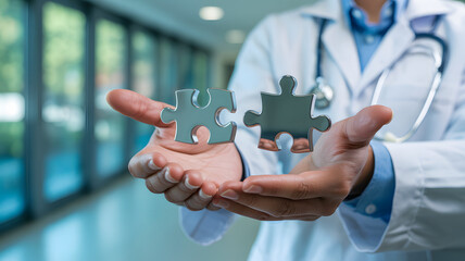 Doctor's hands holding puzzle pieces, symbolizing medical solutions and healthcare integration