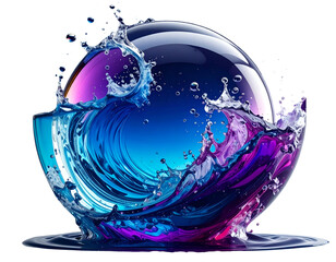 Orb with vibrant water splash, reflecting blue and purple hues