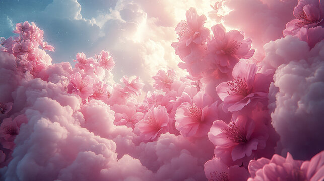 Magical pink cloud filled with vibrant pink flowers glowing softly under bright sky, creating dreamy and enchanting atmosphere full of delicate beauty