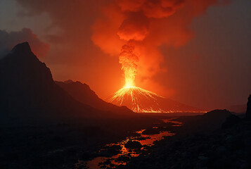 Erupting volcano with flowing lava at night