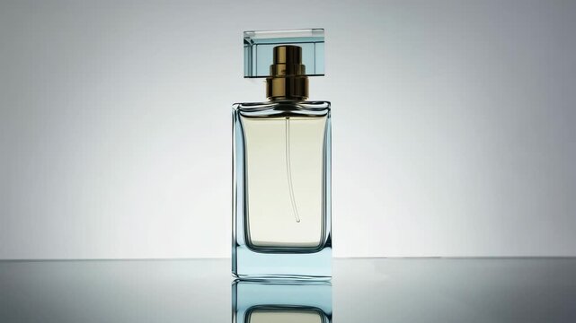 Premium perfume bottle with glass cap and golden sprayer on reflective white studio surface