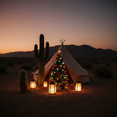 Desert Holiday Magic: Cozy Glamping Tent Decorated for Christmas at Sunset


