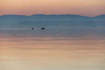 Wschód nad jeziorem Goczałkowickim jesienią, ptaki latające nad wodą.  © Elżbieta Kaps