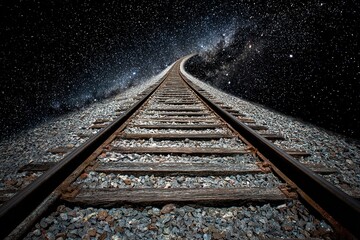 Fototapeta premium Railroad tracks stretch into a starry night, creating a surreal journey through the cosmos