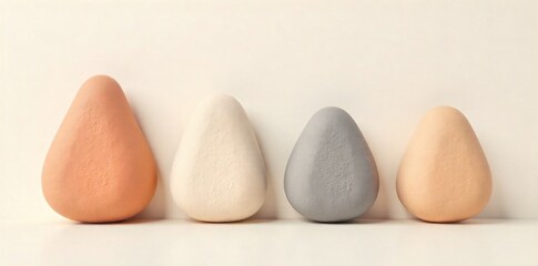 Minimalist organic shapes on a clean white backdrop Four smooth, matte, organic abstract shapes, like polished river stones, in muted earth tones (beige, light grey, soft terracotta) arranged artfully