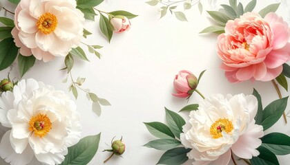 A soft arrangement of blooming peonies in white, cream, and pink, surrounded by green leaves and buds—evoking elegance, tenderness, and the graceful rhythm of natural beauty.