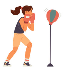 Naklejka premium Teenage girl boxing flat vector illustration isolated on white. Kid in sports uniform and boxing gloves hits a punching bag.