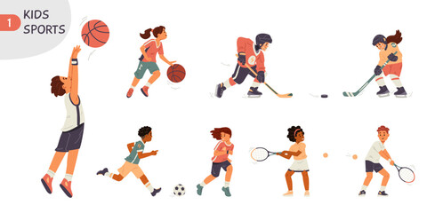 Boys and girls doing different sports flat vector illustrations set. Kids doing basketball, hockey, football, tennis.