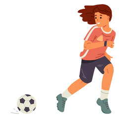 Teenage girl in sports uniform playing football running with the ball flat vector illustration isolated on white.