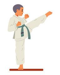 Boy in a kimono doing karate flat vector illustration isolated on white.