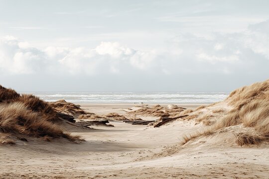 Coastal scene with sandy dunes and calm ocean under a cloudy sky during early morning hours