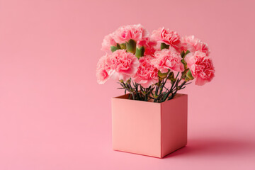 Fototapeta premium Carnations in a pink box, Creative modern bouquet, minimal holiday concept. Greeting card for Women's Day or Mother's Day, happy birthday, wedding, gift for loved ones, place for text, banner