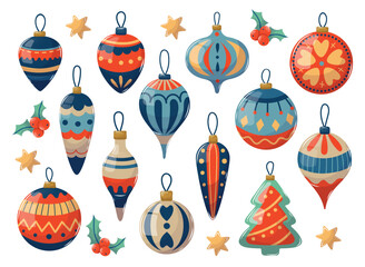 A collection of colorful Christmas balls in various shapes and designs. Includes stars, teardrops, and round balls with intricate patterns.