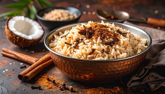 A copper bowl of spiced rice garnished with star anise, cloves, and surrounded by cinnamon sticks, coconut, and uncooked grains—evoking warmth, tradition, and the aromatic rhythm of cultural cuisine.